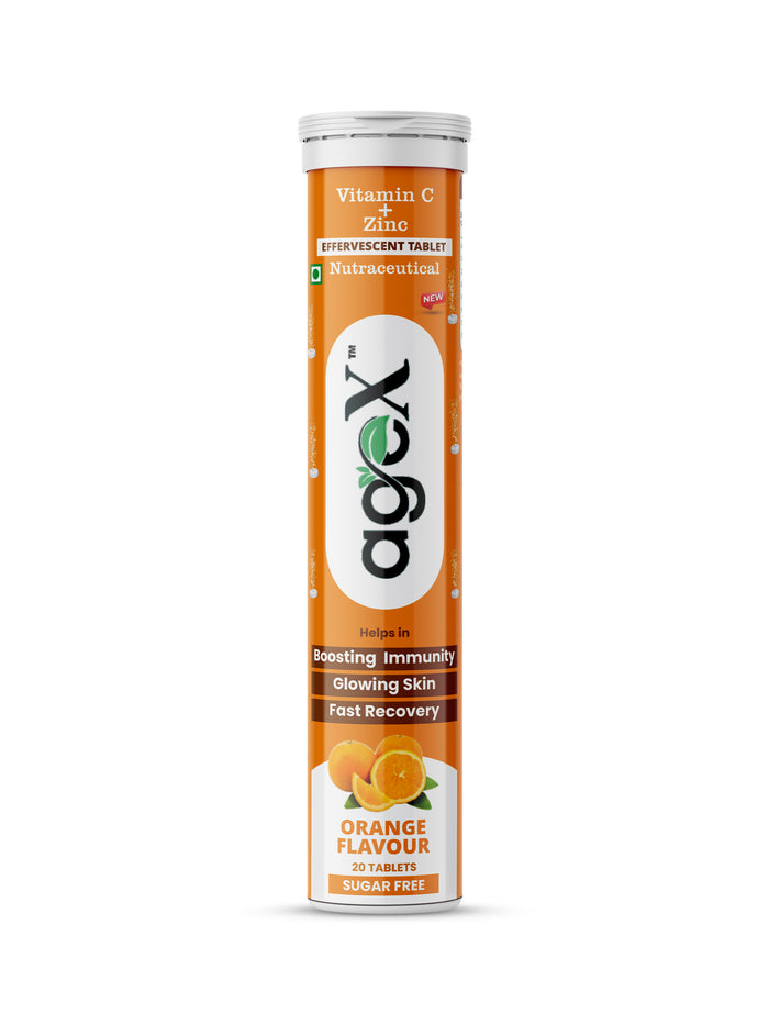 AgeX Vitamin C + Zinc Effervescent Tablets | 1000mg Natural Amla Extract | Immunity Booster for Skin, Hair & Nails | Orange Flavor | Sugar-Free | 20 Tablets