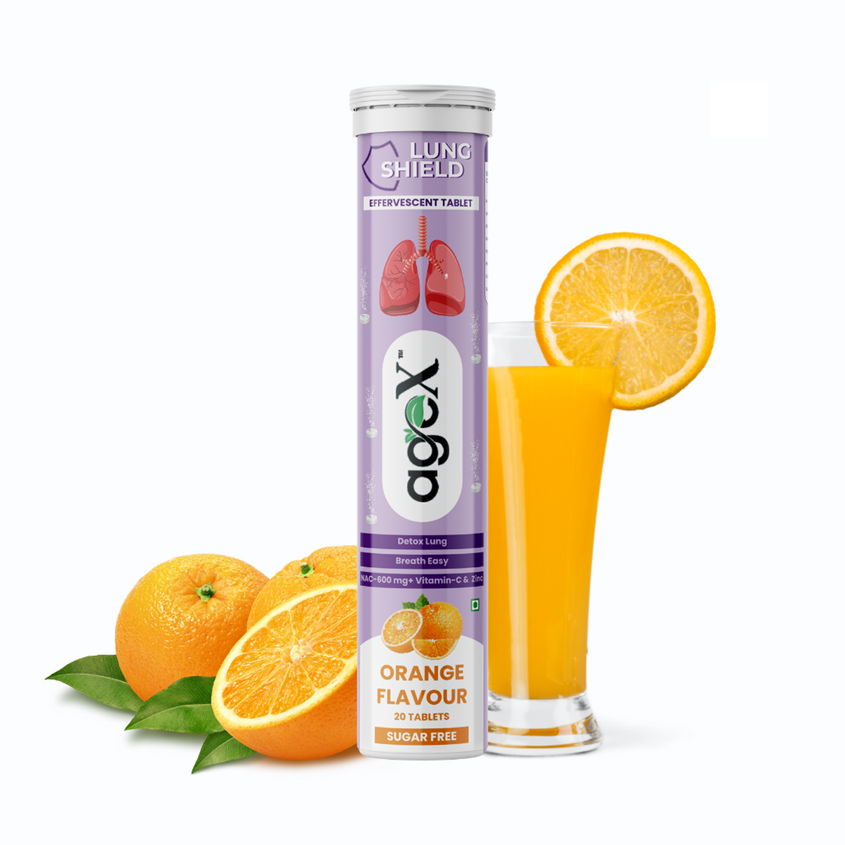 Lung Shield Effervescent Tablets pack with orange flavor 