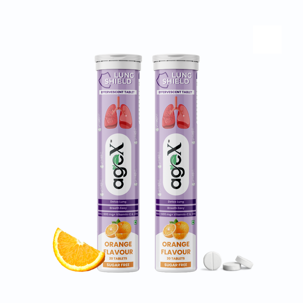 Lung Shield Effervescent Tablets pack with orange flavor 