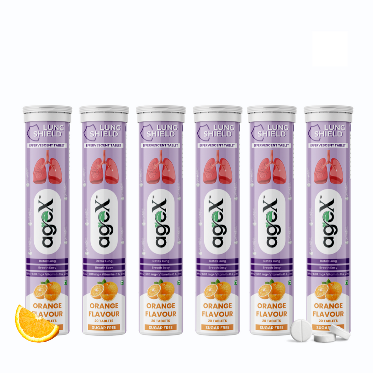 Lung Shield Effervescent Tablets pack with orange flavor 