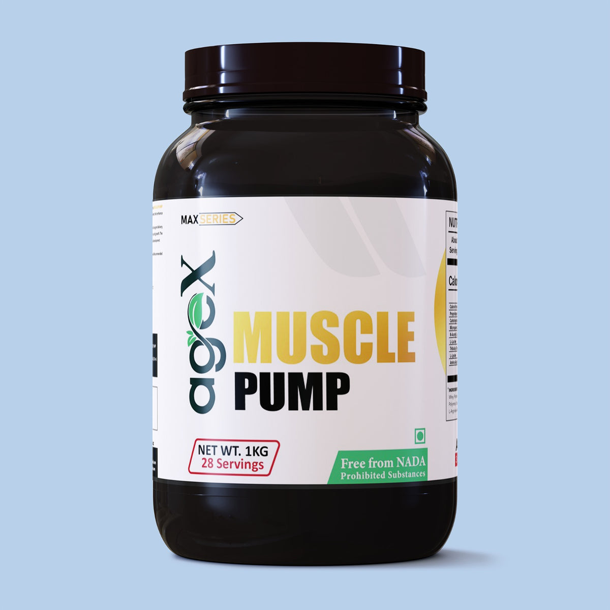 Pump up your gains with AgeX Muscle Pump, a Proprietary Protein blend: N-acetyl L-Glutamine, Creatine, and Essential amino acids | About 28 servings per container |