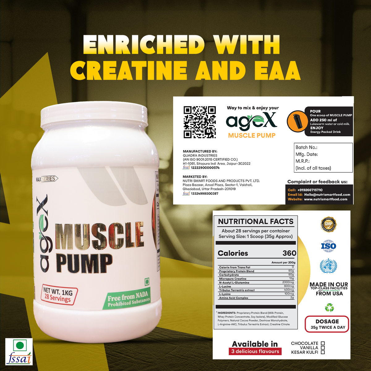 Muscle Pump high-performance protein powder with creatine, N-acetyl L-glutamine, and amino acids for muscle growth and recovery