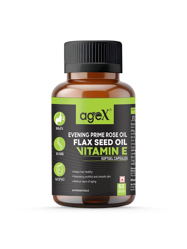 AgeX Flaxseed & Evening Primrose Softgel Capsules with Vitamin E | For Skin Health, Hormonal Balance, and Heart Support – 60 Softgels