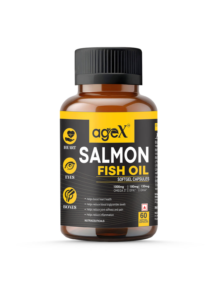 AgeX Omega-3 Fatty Acid 60 Softgel Capsules – 180 mg EPA + 120 mg DHA | Heart, Brain, and Joint Health | Pure Salmon Fish Oil for Men & Women