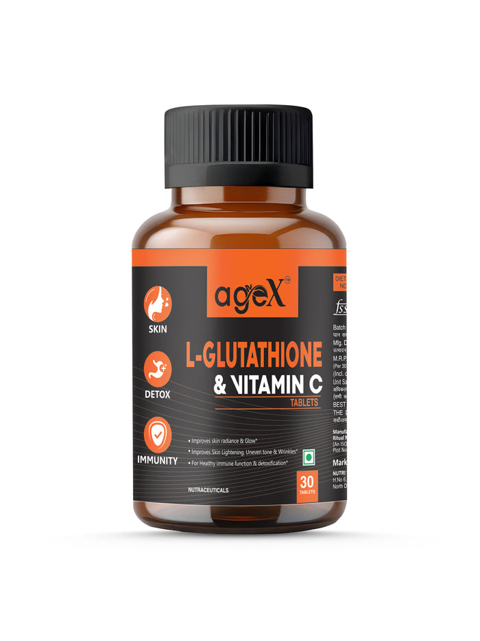 AgeX L-Glutathione 500mg + Vitamin C Tablets – Advanced Antioxidant & Skin Brightening Formula | Detox & Radiant Skin Support – 30 Tablets