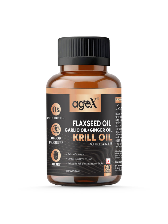 AgeX Flex Power Capsules: Flax Seed, Garlic, Ginger & Krill Oil - 60 Softgel Capsules | Nutritional Powerhouse for Vitality and Well-being | Immunity Boosters, Heart Health Supplement for Adults Men & Women